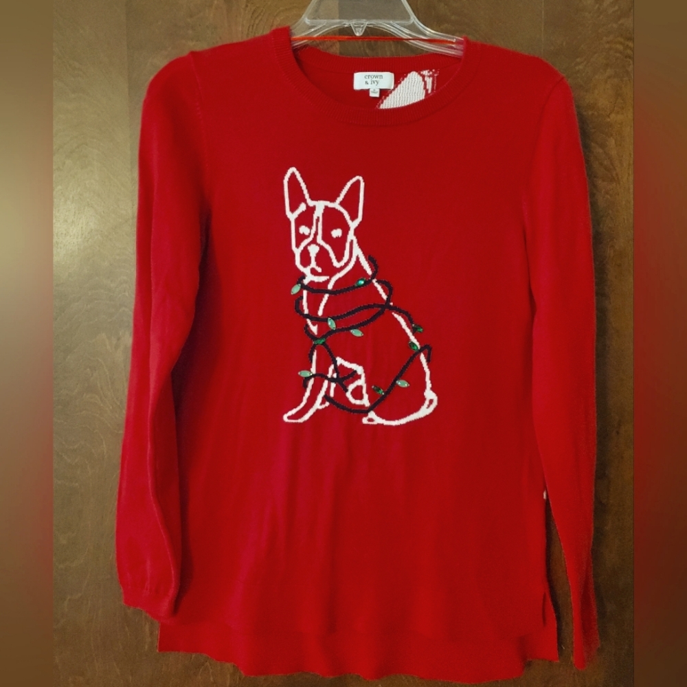 crown & ivy Red Sweater with Dog Design